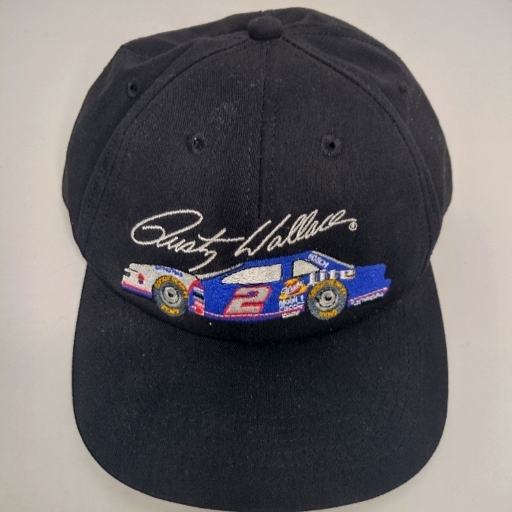 Vintage NASCAR Rusty Wallace Miller #2 Embroidered Stock Car Black Snapback Hat